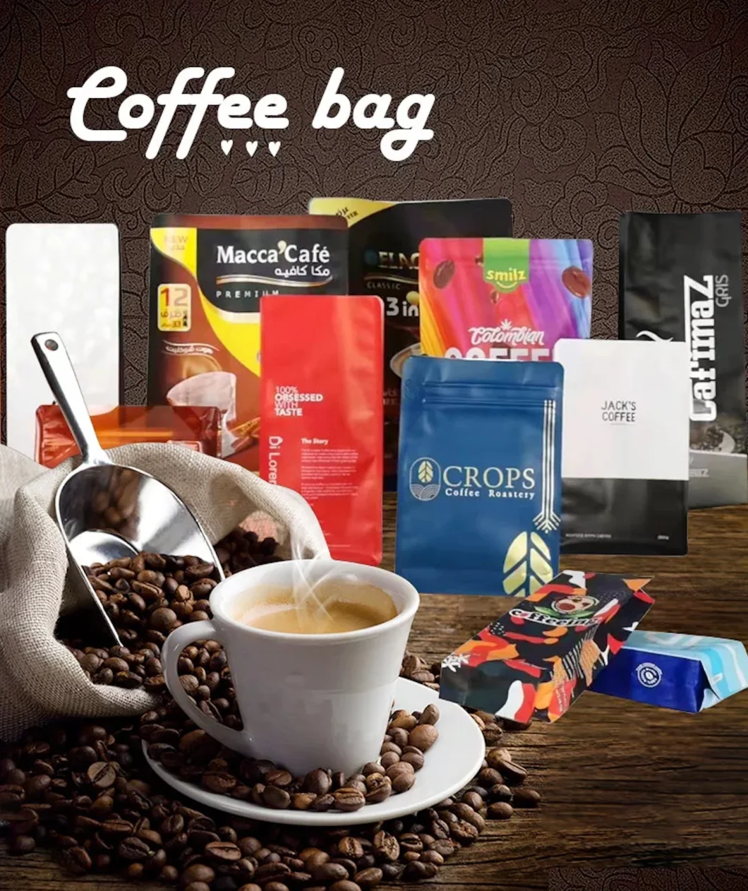 Custom Design Gravure Printing Flat Bottom Pouch Zipper Coffee Storage Plastic Packaging Pouch